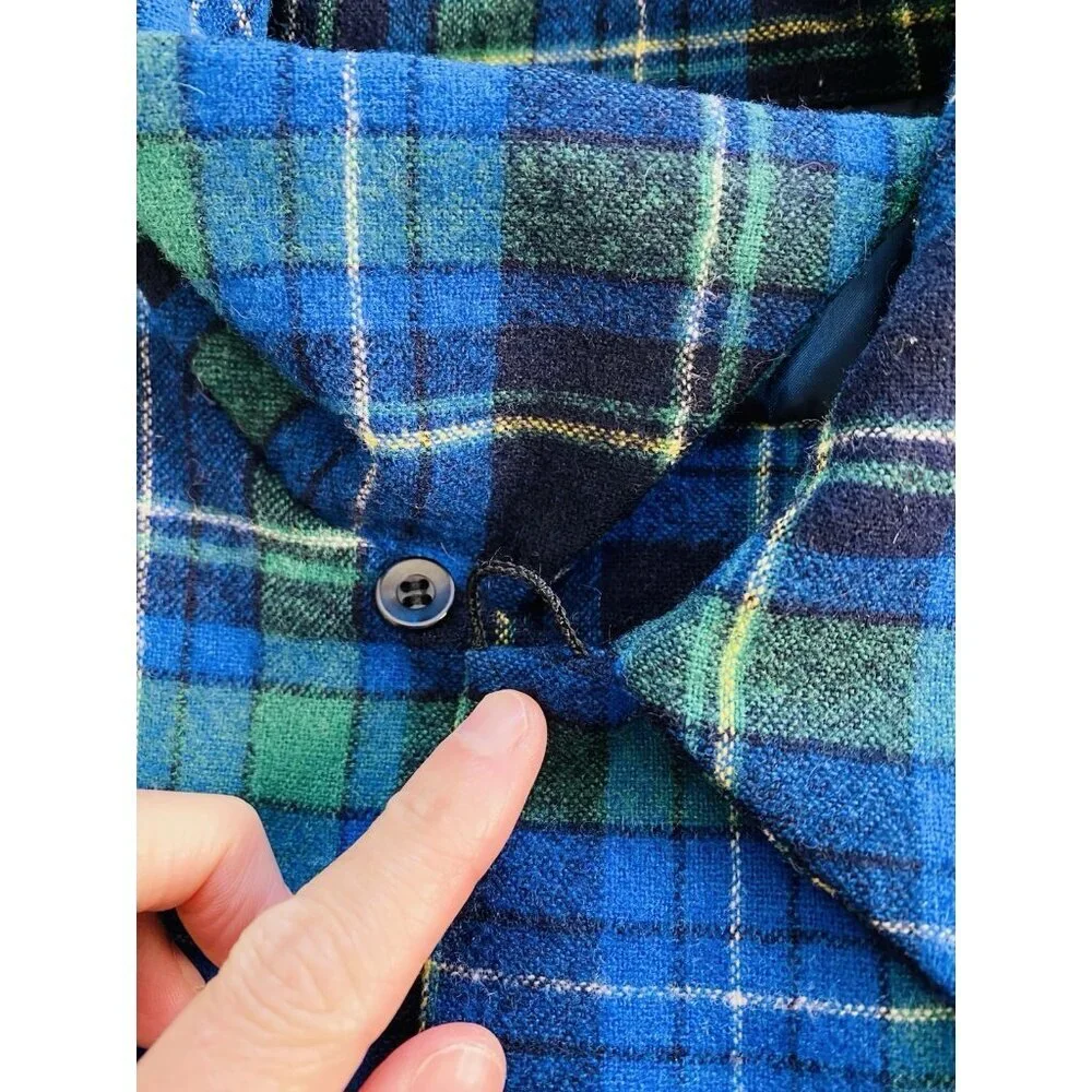 Vintage Pendleton Board Shirt Medium Blue Plaid Wool, Loop Collar, Flap Pocket